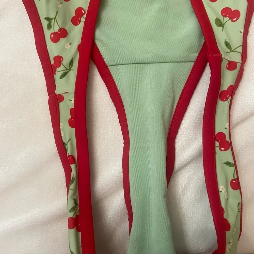 New! Frankie's Bikinis Cherry Print golden hour Bikini Bottoms Green 1102